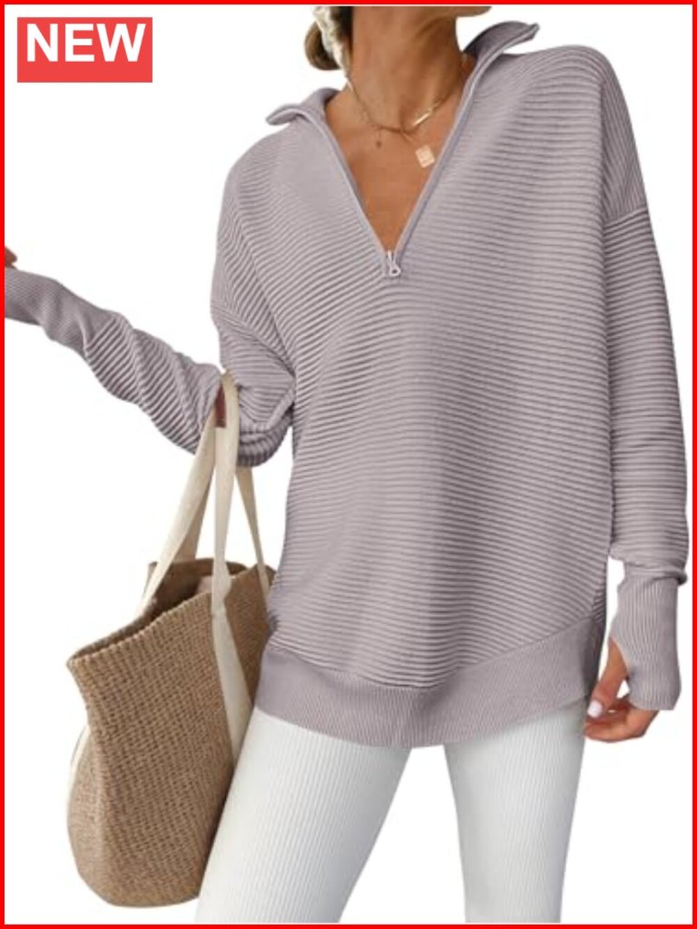 Women's Long Sleeve V Neck Quarter Zip Pullover Sweater Rib Knit Loose Fit